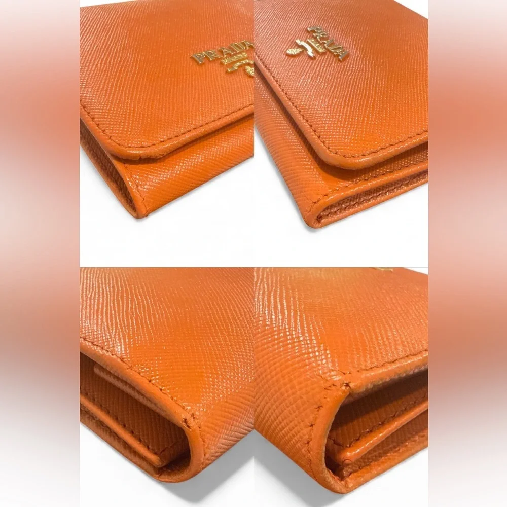 PRADA Saffiano Leather Bifold Wallet Orange Gold Logo Designer Authentic Compact - Picture 6 of 11